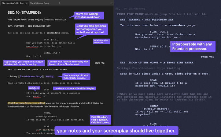 Display image showcasing my Obsidian Plugin project for Fountain Editor