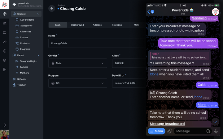 Display image showcasing my Telegram Bot + CMS / DB project for School Messaging System